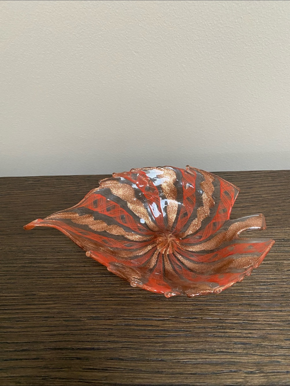 Vintage Murano Orange bronze gold Glass Leaf Bowl - Handcrafted Home Art